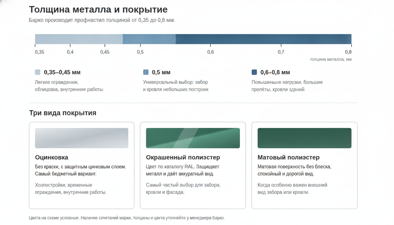 Толщина профнастила от 0,35 до 0,8 мм и виды покрытия: оцинковка, полиэстер, матовый полиэстер Толщина профнастила от 0,35 до 0,8 мм и виды покрытия: оцинковка, полиэстер, матовый полиэстер